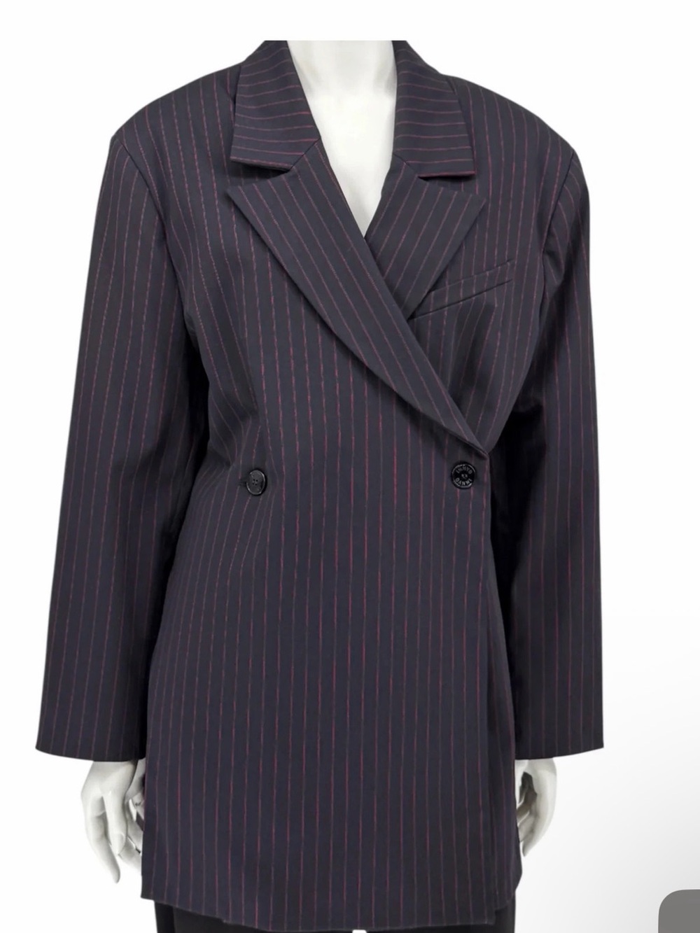 GANNI Pinstripe Double-Breasted Blazer Navy with Red stripes